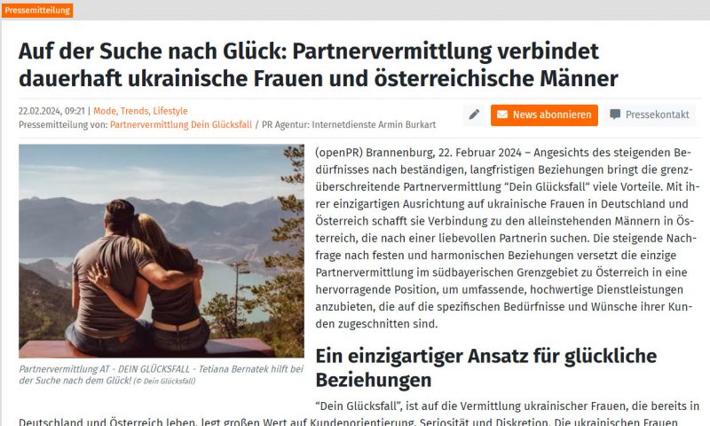 Pressemitteilung für Partnervermittlung Dein Glücksfall